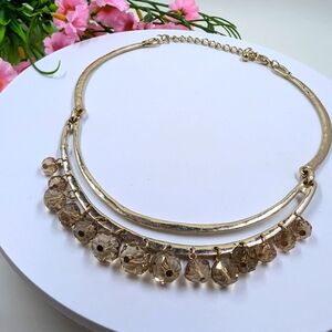 Genuine Amber Colored Crystal Bead Rigid Bib Style Vintage Necklace